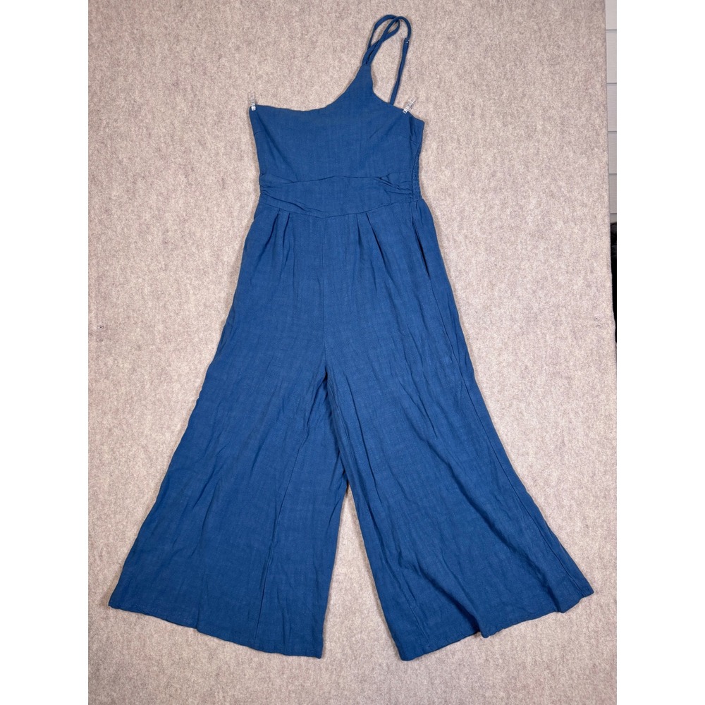 k103. Womens One Shoulder Wide Leg Jumpsuit Teal Blue Smocked Back Size S